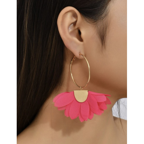 Aretes largos de flor fucsia de tela