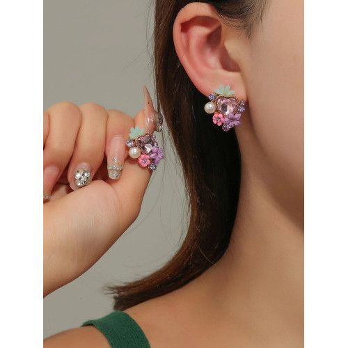 Aretes de botón con diseño de flor y perla artificial