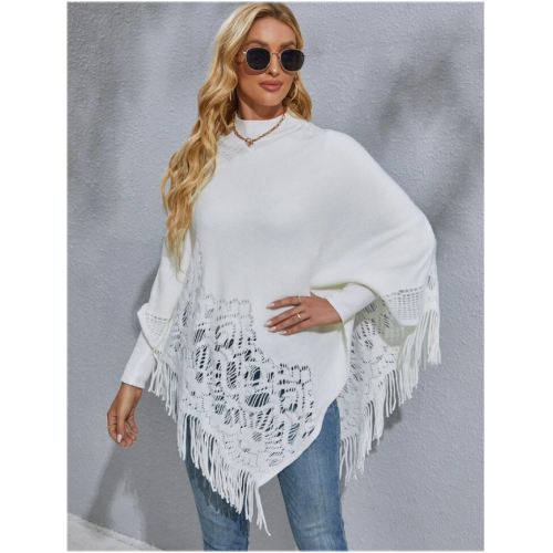 Poncho tejido de cuello alto con flecos