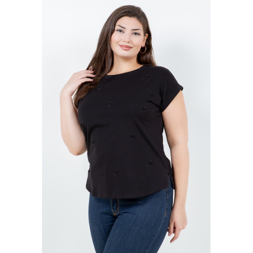 Blusa TABA Negra Pearl Flower Embroidered - Curvy