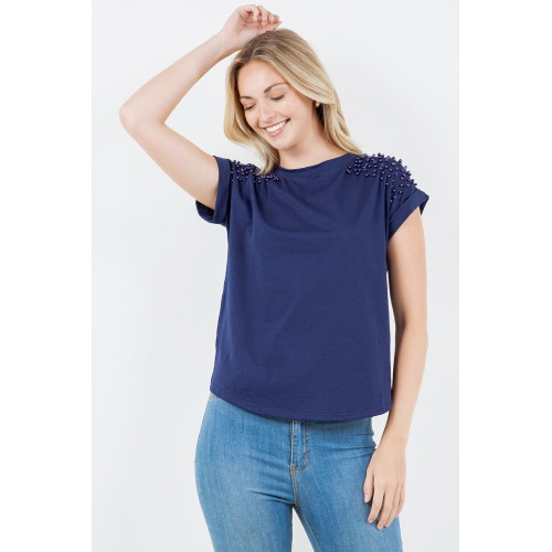 Blusa TABA Azul con Perlas