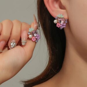 Aretes de botón con diseño de flor y perla artificial
