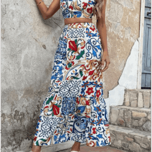 Conjunto de top y falda con estampado geométrico floral